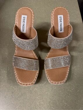 Steve Madden Tan Slide Sandals with Sparkling Silver Straps